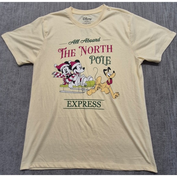 Disney Other - Disney yellow Holiday graphic T-shirt LG Mickey Mouse "The North Polo Express"